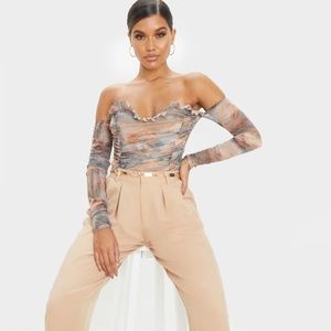 PLT Multi Water Renaissance Printed Mesh Ruched Bardot Bodysuit 10